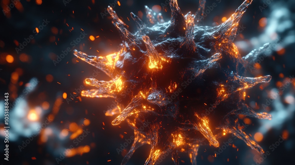 Poster a close-up 3d rendering of a virus, with glowing orange spikes and particles floating around it.