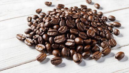 Obraz premium Roasted coffee beans on a rustic white wooden background