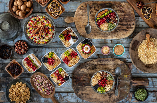 Ashure dessert with legumes and dried fruits named aşure or asure . Noah&rsquo;s pudding in the bowl. 