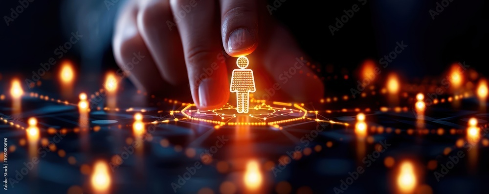 Poster hand interacting with a digital figure on a futuristic interface filled with glowing lights.