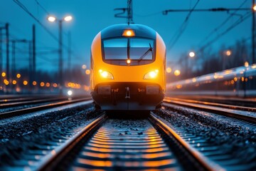 Naklejka premium The image captures a modern train illuminated by vibrant lights speeding along tracks during twilight, evoking a sense of motion and future technology advancements.