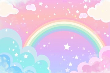 Charming Kawaii Sky Illustration with Pastel Colors and Rainbow.