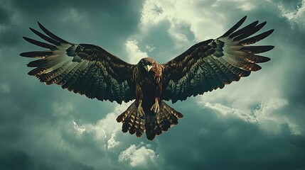 Fototapeta premium A fierce griffin soaring through the sky, its wings spread wide against a backdrop of stormy clouds, showcasing its power and majesty