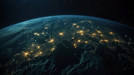 Obraz premium World map, global network, and connectivity concept. Glowing connections between cities on Earth in space with a night sky background.