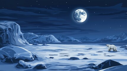 Obraz premium Polar bear in moonlit Arctic landscape, icy terrain, serene night sky
