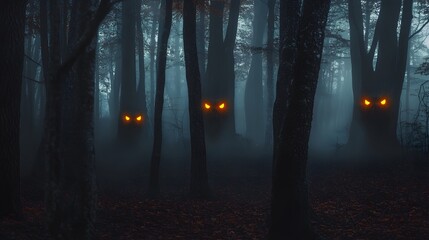 Obraz premium 55. A haunted forest with glowing eyes peeking out from behind the trees