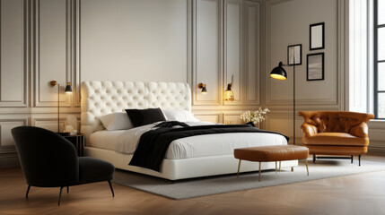 A stylish bedroom featuring luxurious white tufted bed, elegant armchairs, and warm lighting creates cozy and inviting atmosphere. design blends modern and classic elements beautifully