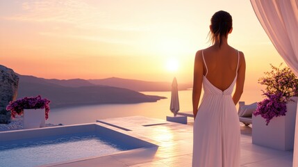 Woman in elegant dress enjoys a serene sunset by a luxurious infinity pool, AI