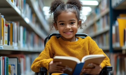 Happy young disabled mixed race school student in wheelchair reading a library book.