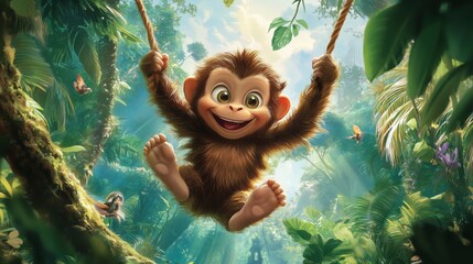 Obraz premium Playful monkey swinging in lush jungle, vibrant greenery, cheerful expression