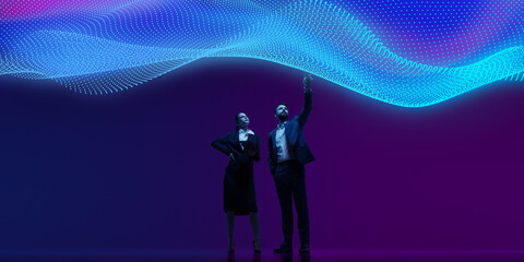 Businessman seated, examining network of interconnected points, symbolizing interconnectivity of digital information in corporate world Concept of scientific discovery and innovation, network. Ad