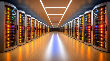 Endless rows of server racks glowing in dark data center create mesmerizing and high tech atmosphere. vibrant lights reflect on polished floor, enhancing futuristic feel