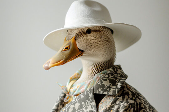 Naklejki Black and white image of stylish duck wearing old fashioned coat generative ai
