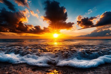 A captivating sunset casts vivid colors across the ocean horizon as dynamic clouds scatter overhead, with waves gently breaking on the shoreline.