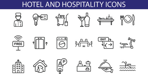 Hotel and Hospitality Line Icon Set Design