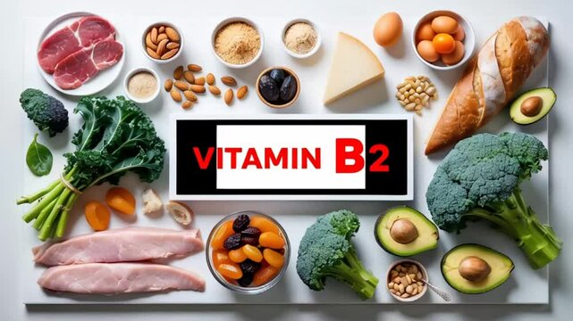 Various fresh food with the sign vitamin B2, meat, vegetables, broccoli, nuts, greens