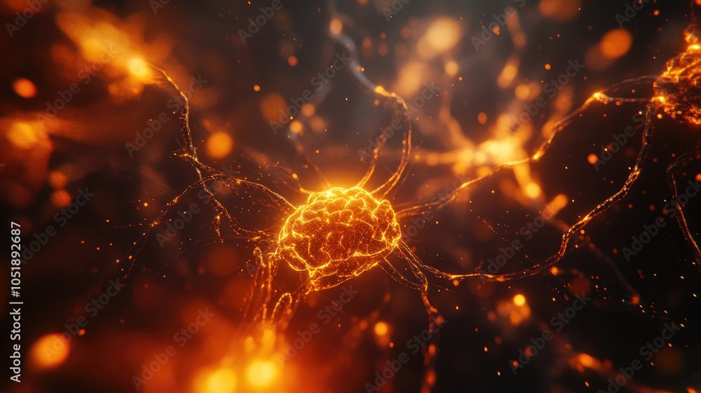 Poster glowing interconnected neurons in an abstract form, symbolizing the brain's intricacies and advances