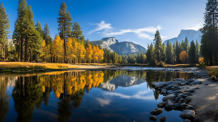 Fototapeta premium Crystal-clear stream cascades through a lush, mountainous forest, painting a serene landscape