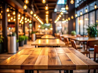 Drone Photography of a Beautiful Wooden Table in a Cozy Cafe with Bokeh Background