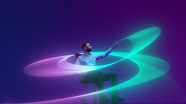 Two professionals in formal attire examine and interact with flowing digital wave on colorful background, representing data science. Concept of scientific discovery and innovation, , information. Ad