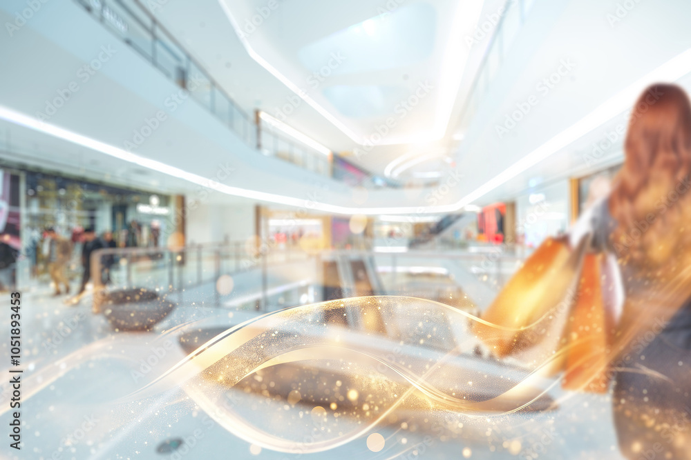 Poster a bustling shopping mall with a bokeh effect, featuring a golden light wave on the floor.