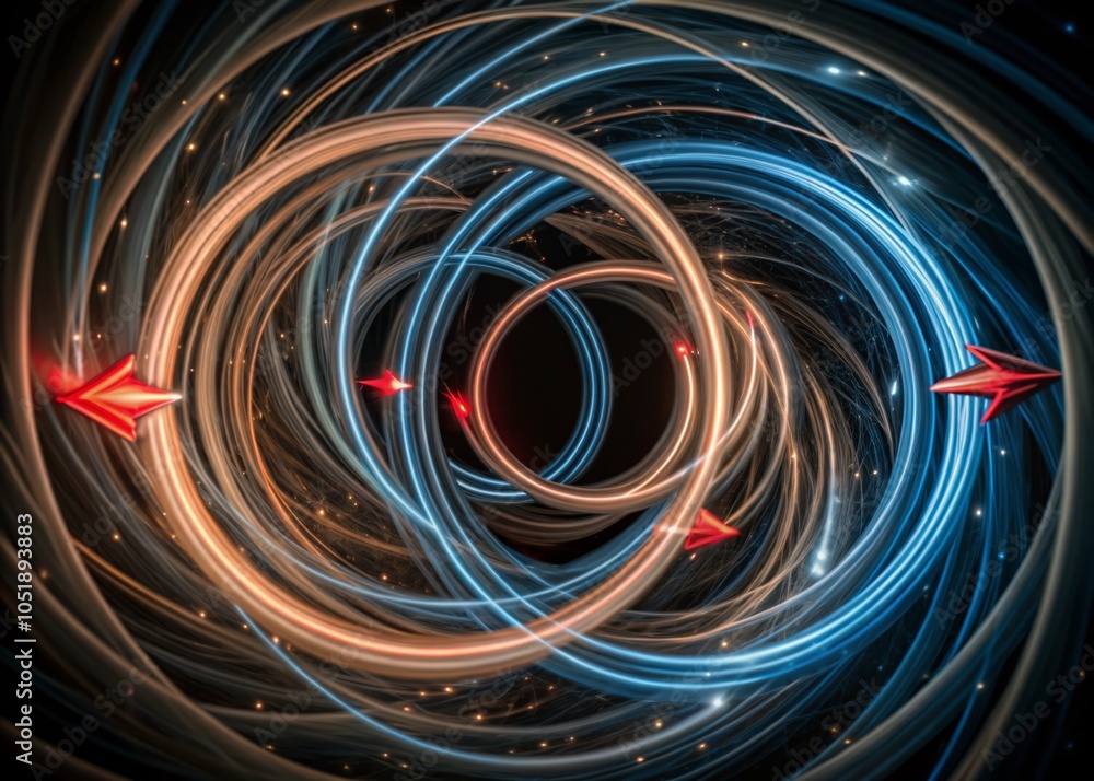 Poster dynamic red and blue circular arrows representing fusion, repel, and connection dynamics in long exp