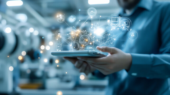 image depicts person holding tablet with digital icons and data visualizations emerging from it, symbolizing technology and innovation in modern industrial setting