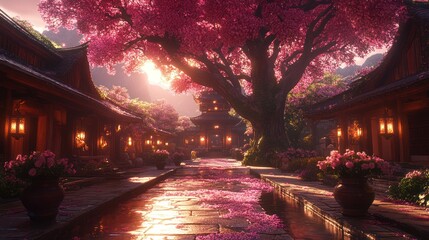 Obraz premium A Tranquil Pathway Through a Japanese Garden with a Cherry Blossom Tree