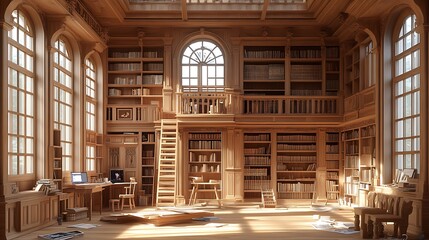 Sunlit Library Interior with Bookshelves, Windows, and a Ladder.