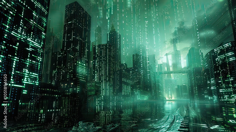 Poster a futuristic city skyline illuminated by digital screens and binary code.