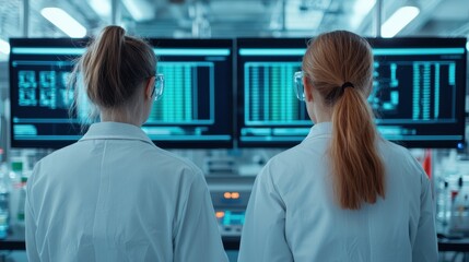 Two scientists in lab coats analyze data on screens in a modern laboratory, showcasing teamwork and advanced technology in research.