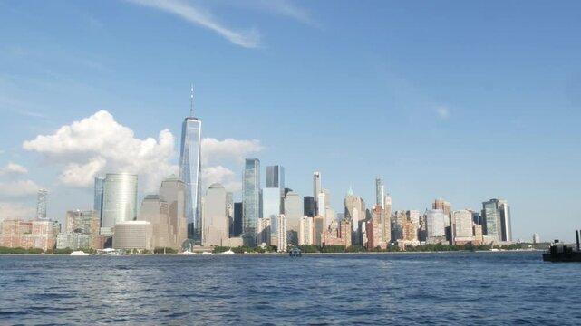 New York City waterfront skyline, Manhattan Downtown Financial district, World Trade Center building, riverfront skyscrapers. From Paulus Hook, New Jersey. United States architecture. Hudson river.