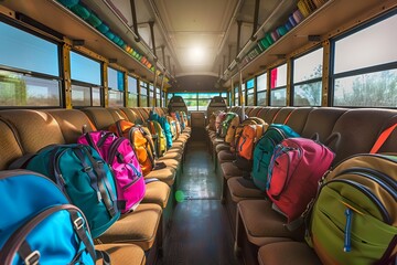 School Bus Filled with Colorful Backpacks in Morning Light"
