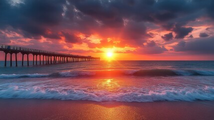 Naklejka premium A vibrant sunset over the ocean with a pier silhouette.