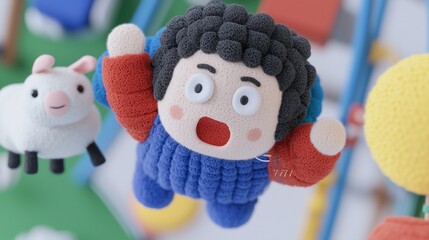 The image shows a close-up of two plush toys. One toy is a character with curly black hair, wide eyes, and an open mouth, wearing a blue outfit with red sleeves