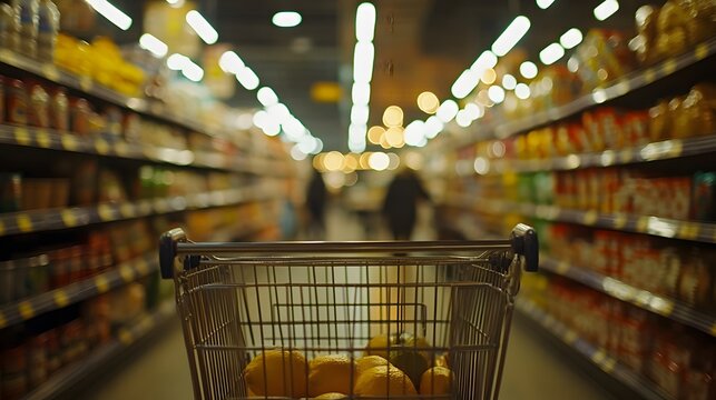 Shopping&nbsp;cart handle&nbsp;detail, blurred supermarket interior, warm&nbsp;bokeh lights, retail&nbsp;store&nbsp;atmosphere, defocused&nbsp;aisles, modern&nbsp;grocery&nbsp;environment, cinematic lighting.