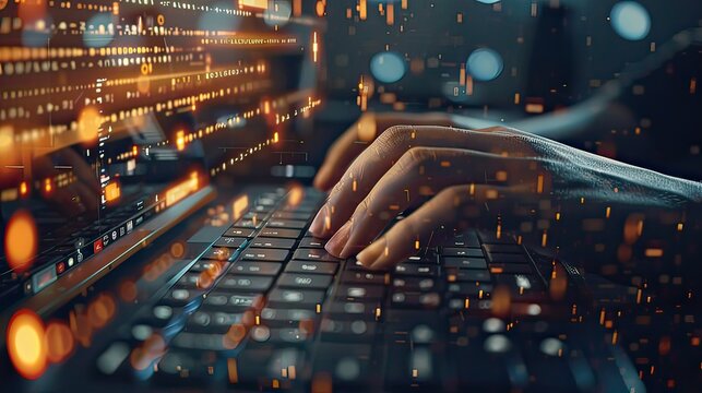 Hands typing on a keyboard with a digital overlay of binary code and algorithms.