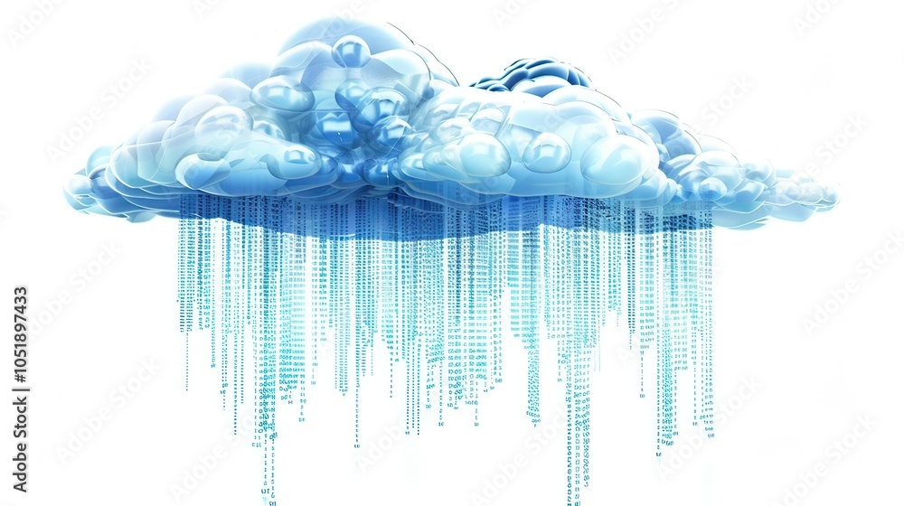 Poster visual representation of a cloud network with streams of binary data flowing between servers.