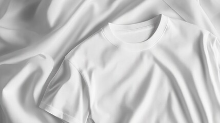 Obraz premium A plain white t-shirt lies on a white fabric background, creating a minimalist and clean aesthetic.