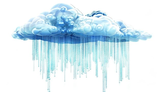 Visual representation of a cloud network with streams of binary data flowing between servers.