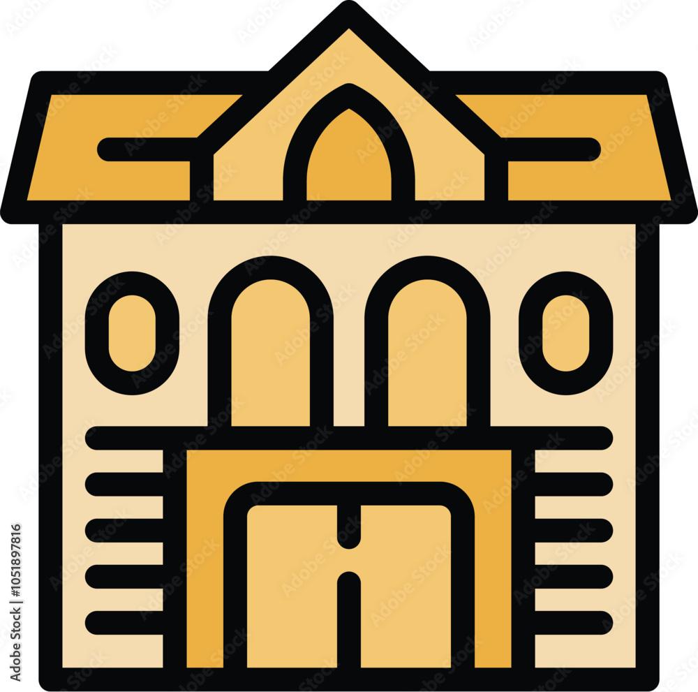 Poster simple color icon of a building with a garage door and arch windows