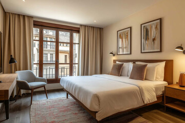 Fototapeta premium Modern Twin Size Bedroom in Cuzco with Neutral Tones and Wooden Frame