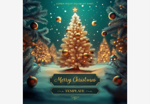 Holiday & Winter Templates: Christmas Tree with Gold Ornaments in Snowy Forest - Merry Christmas & Happy New Year Wishes Holiday Template Generative AI