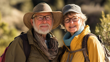 Fototapeta premium A Cheerful Senior Couple Enjoying a Scenic Hike Through Nature in the Warm Afternoon Sun