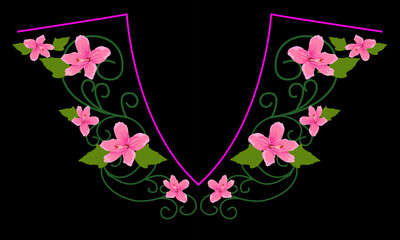 Embroidery flower round neck line patch composition for t-shirt design. Floral print for textile and fabric vintage tribal illustration isolated on black background.