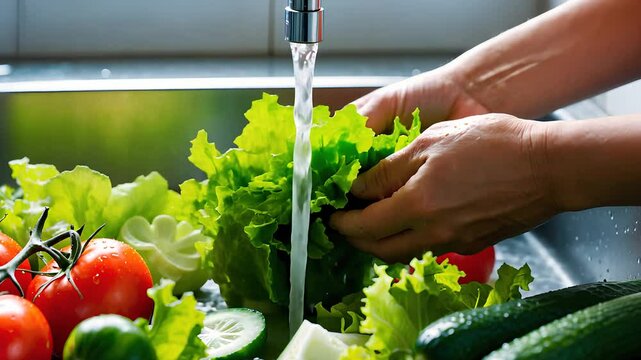Washing Fresh Vegetables in Kitchen Sink for Healthy Cooking