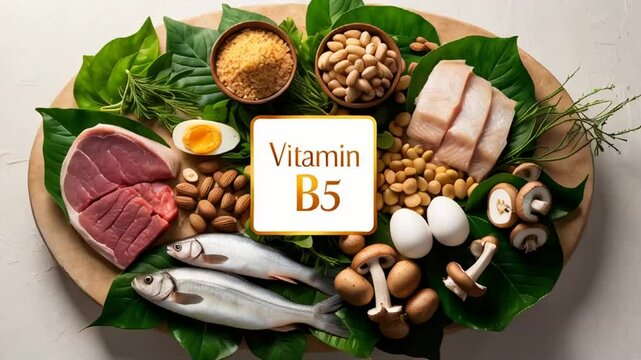  Various fresh food with the sign vitamin B5 meat, fish, eggs, nuts, greens