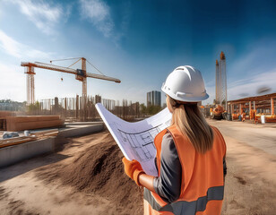 Construction worker in front of a building site