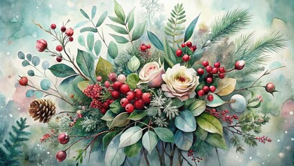 Fototapeta premium Ethereal Winter Watercolor Bouquet with Eucalyptus, Poinsettia, and Cranberry for Elegant Christmas Floral Arrangements