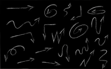 Hand drawn arrow vector set. Hand drawn doodle sketch scribble element. Vector illustration on black background. Imitation of chalk drawing.